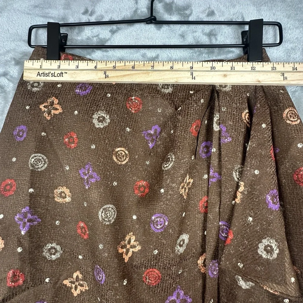 VTG Anne Klein II Silk Wrap Skirt Women's 6 Petite Brown w/ Multicolor Geometric - Picture 4 of 8